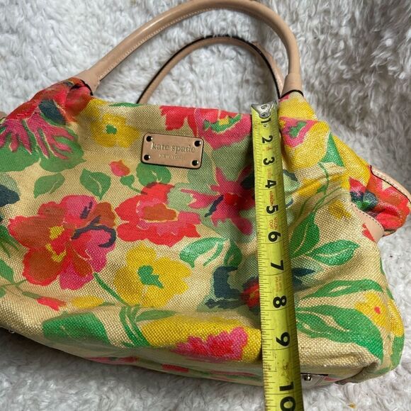 Kate Spade Burlap painted floral prints shoulder bag tan leather straps &trims - Picture 9 of 16